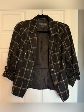 Black, brown and white plaid blazer